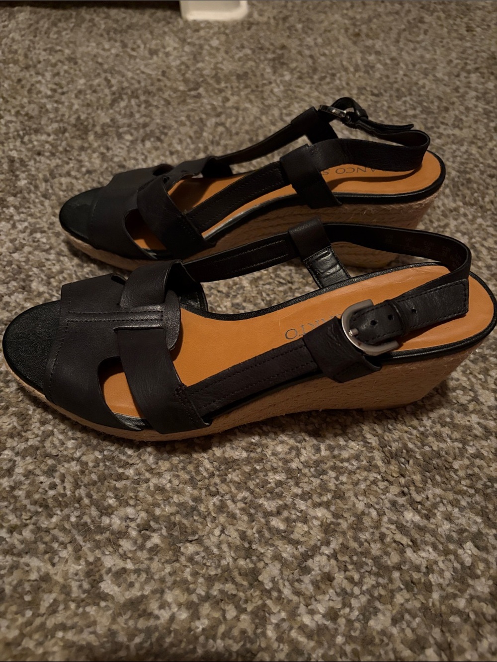 Franco Sarto Black Leather Espadrille Wedge Sandals